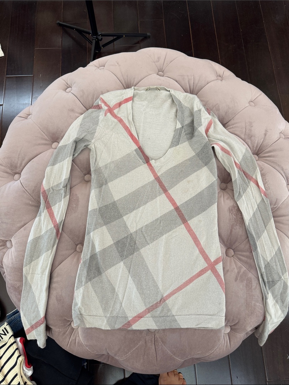 Burberry Cream Plaid V-Neck Sweater with Gray and Pink Stripes